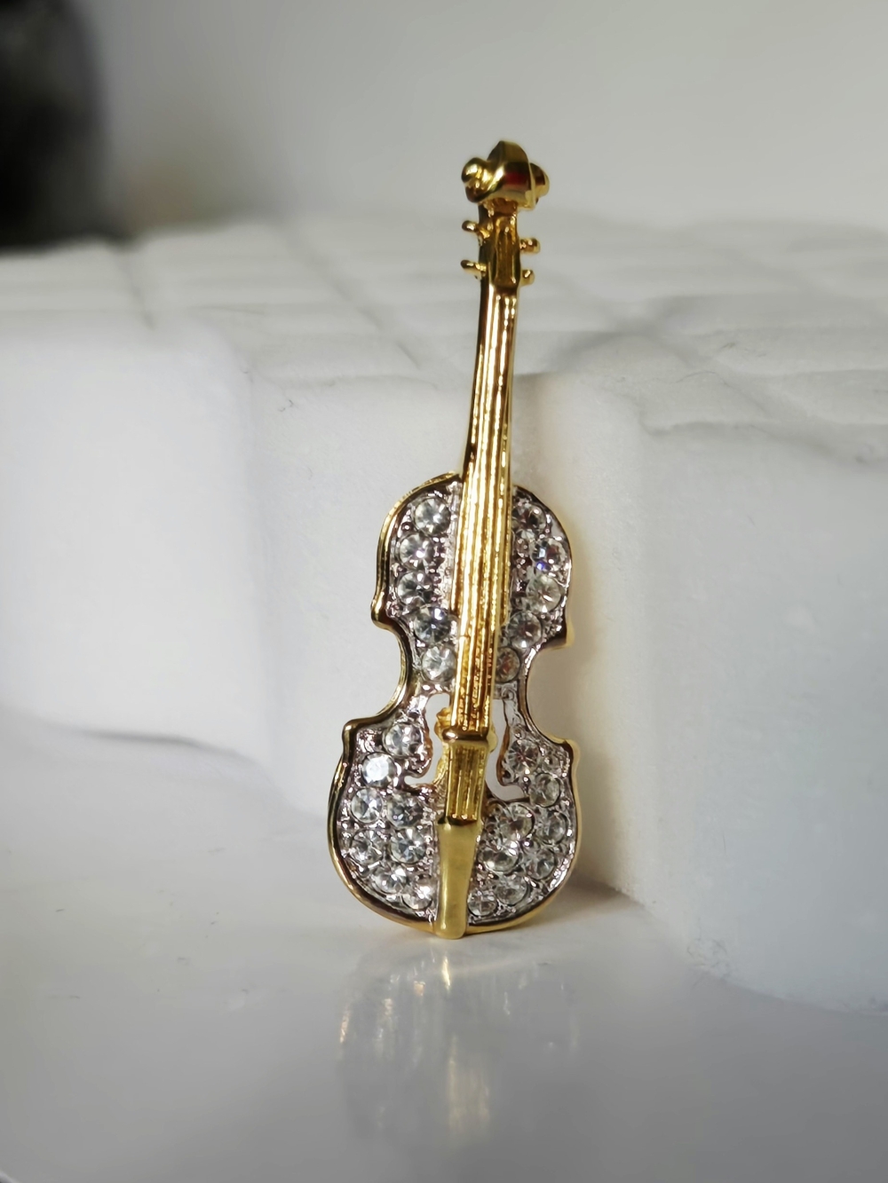 Gold Tone Crystal Violin Brooch - Elegant Women's Jewelry